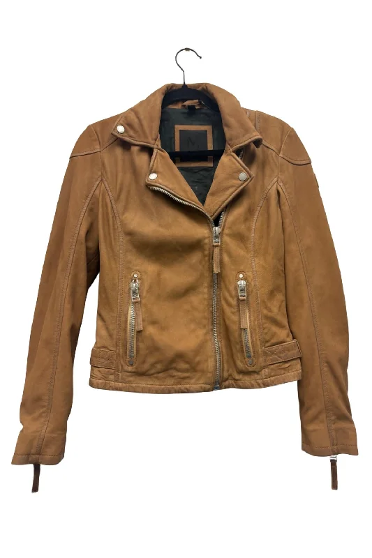 Women's Outerwear Apparel Nubuck Leather Biker Jacket In Cognac