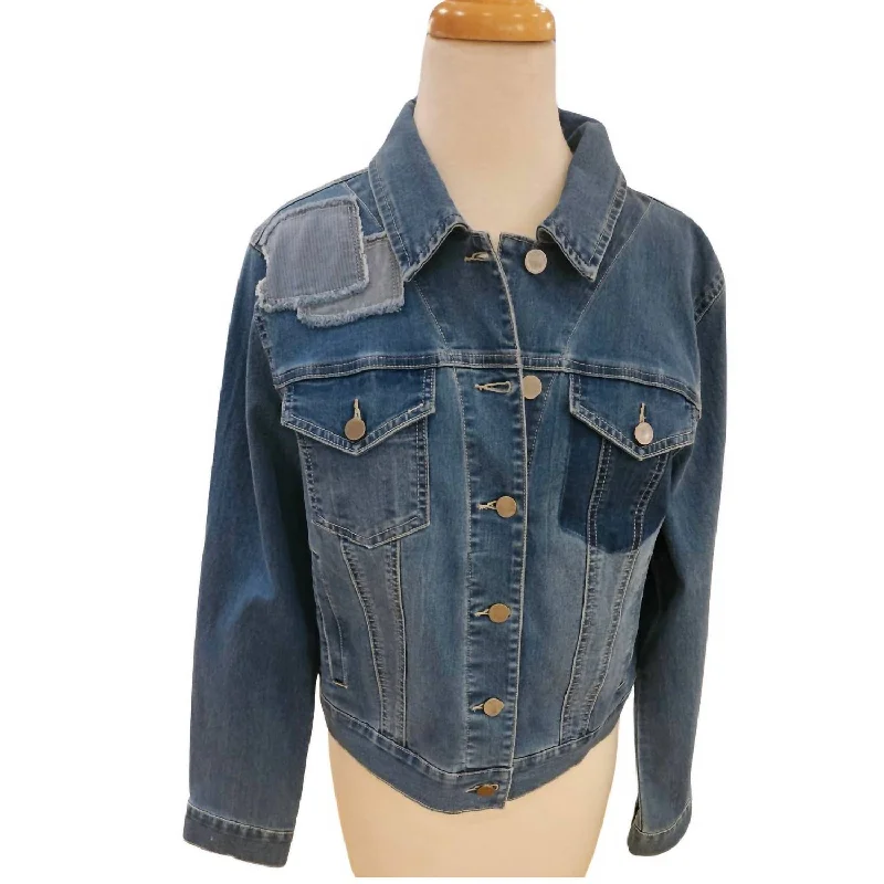 Women's Evening Garments Patchwork Detail Denim Jacket In Denim Blue