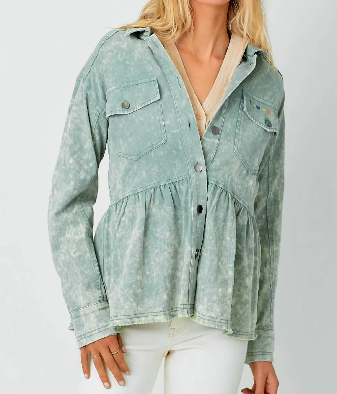 Women's Athleisure Apparel Embroidered Peplum Cotton Jacket In Washed Blue