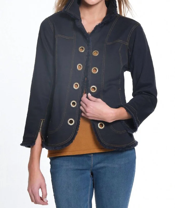 Women's Elegant Formal Outfit Zip Cuff 3/4 Sleeve Open Front Fringed Jean Jacket W/ Grommets In Black Denim