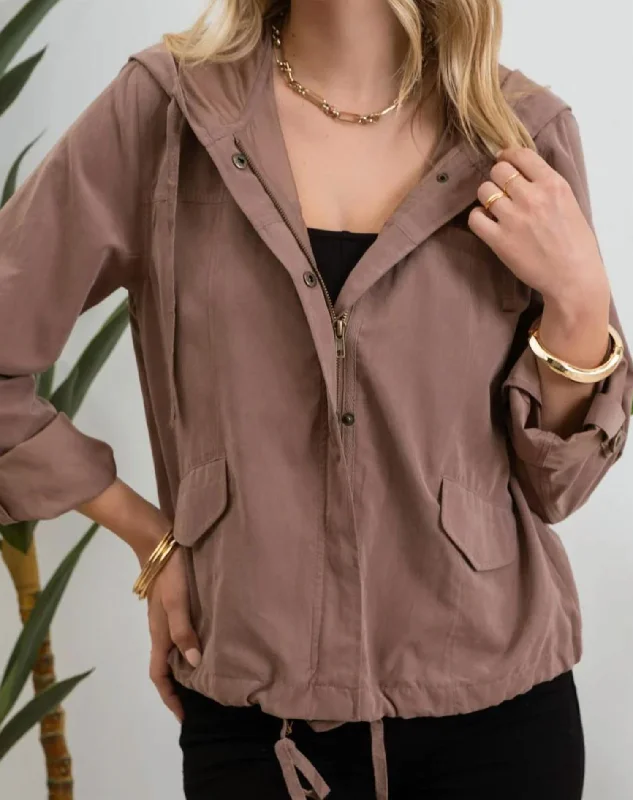 Women's Elegant Apparel Snap Button Zip Up Hooded Jacket In Taupe