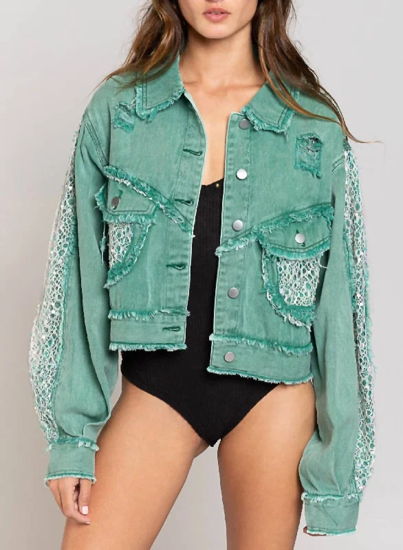 Casual Clothes For Women Cropped Relaxed Fit Embellished Jacket In Green