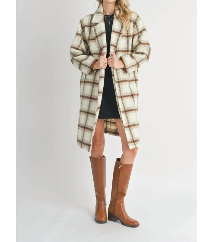 Women's Seasonal Clothes Plaid Long Open Front Coat In Ivory