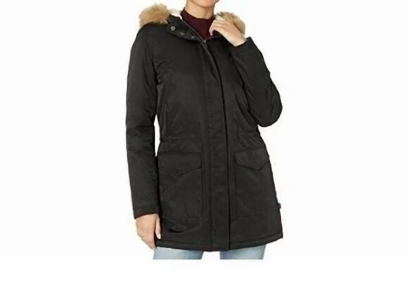 Women's Party Outfit Faux Fur Trimmed Hooded Sherpa Parka Jacket In Black