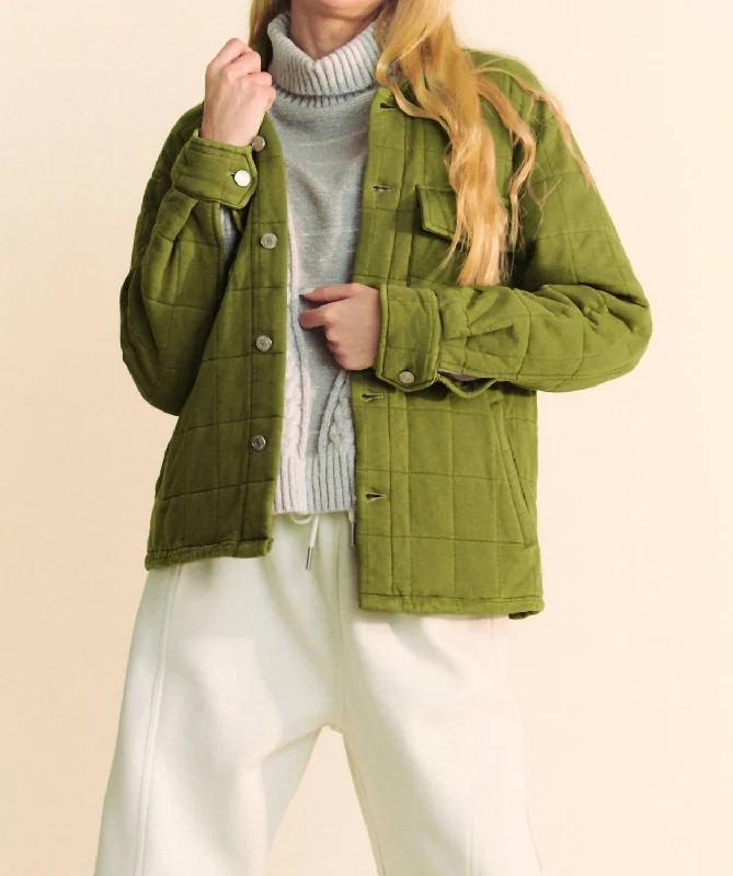 Fashionable Women's Casual Apparel Monica Mineral Wash Quilted Shacket Jacket In Green