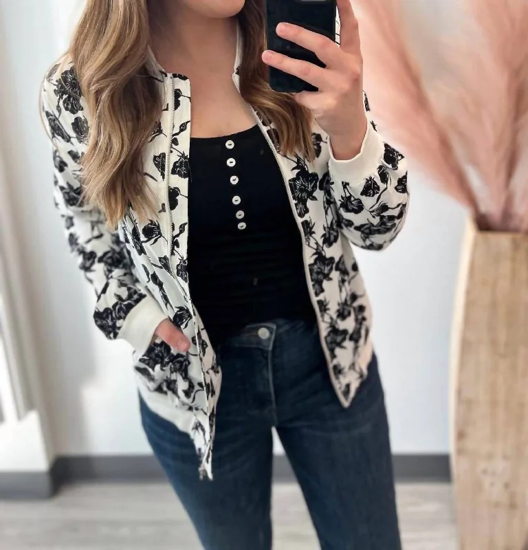 Women's Travel Outfit Set Floral Bomber Jacket In White, Black