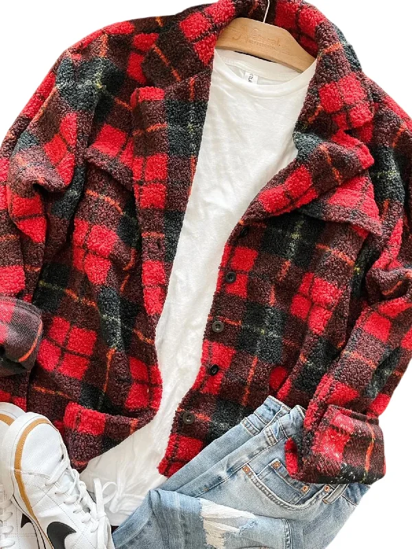 Women's Casual Outfit Plaid Sherpa Jacket In Red