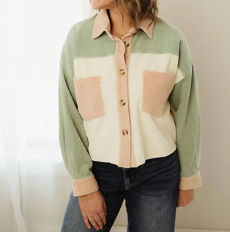 Women's High-Fashion Outfit Color Block Vintage Washed Jacket In Sage/ivory/rose