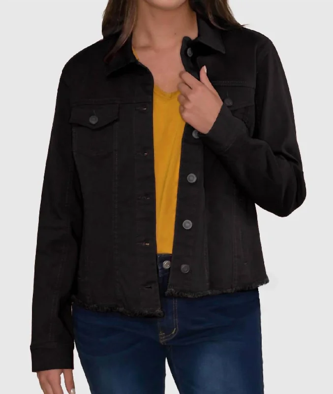 Women's Travel Apparel Frayed Denim Jacket In Black