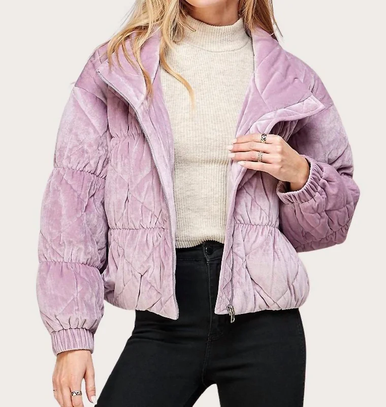 Women's Plus-Size Garments Velvet Quilted Puffer Jacket In Lavender