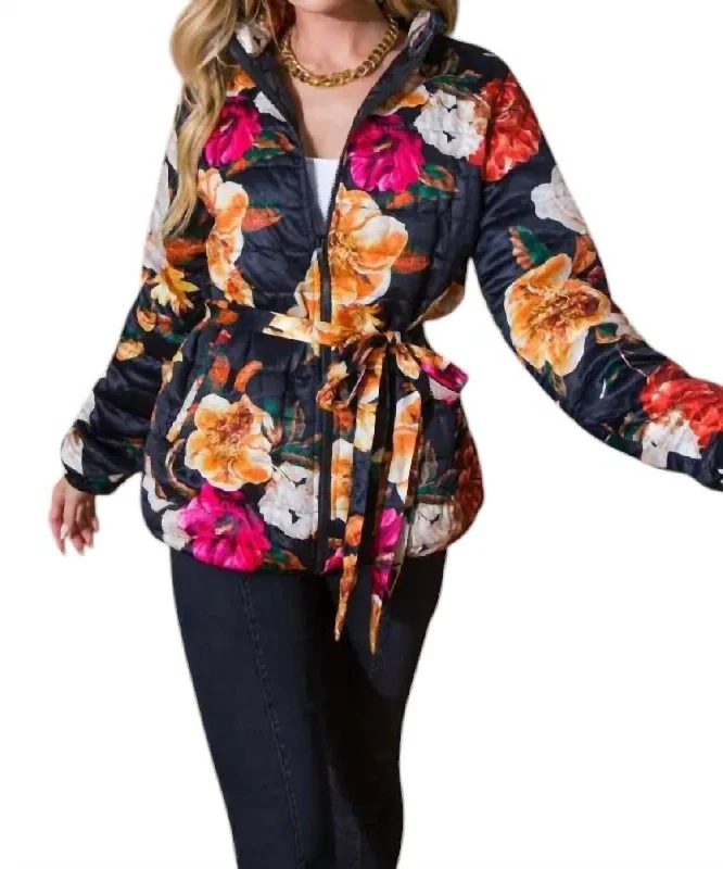 Women's Professional Outfit Puff Flowered Jacket In Black/multi