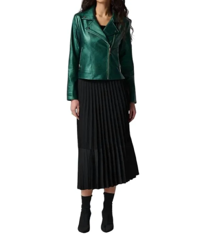 Women's Seasonal Apparel Metallic Faux Leather Biker Jacket In Emerald