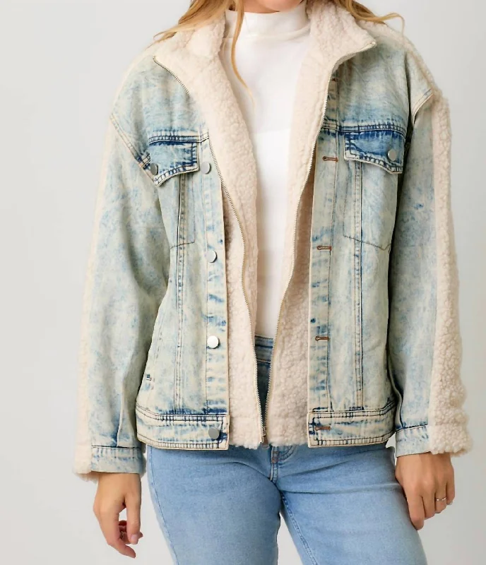 Women's Stylish Professional Apparel Denim Mixed Sherpa Jacket In Ivory/denim