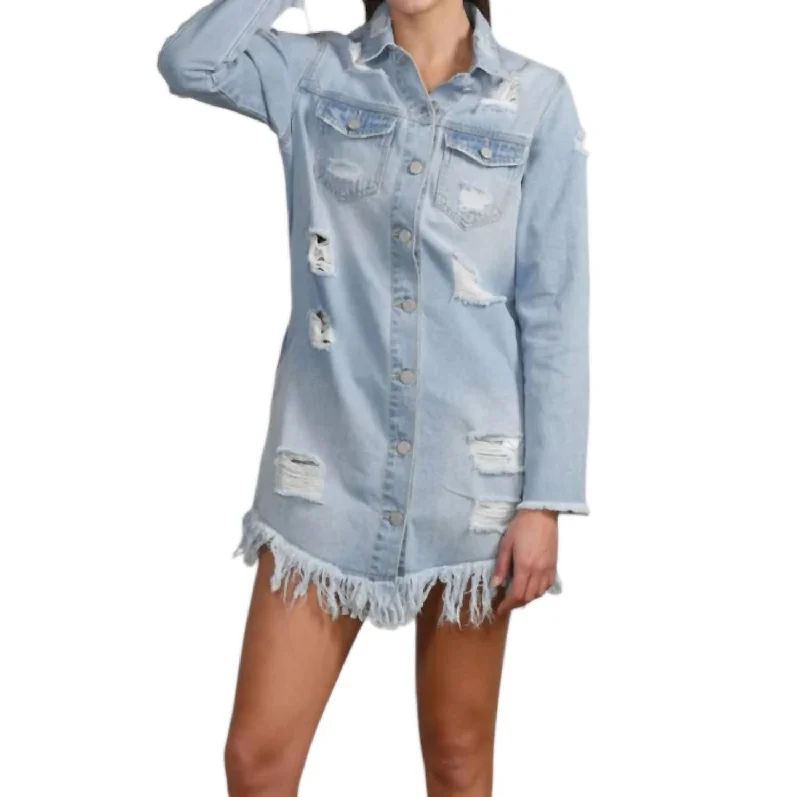 Premium Fashion At Budget-Friendly Prices Long Denim Jacket With Big Ripped Point In Washed