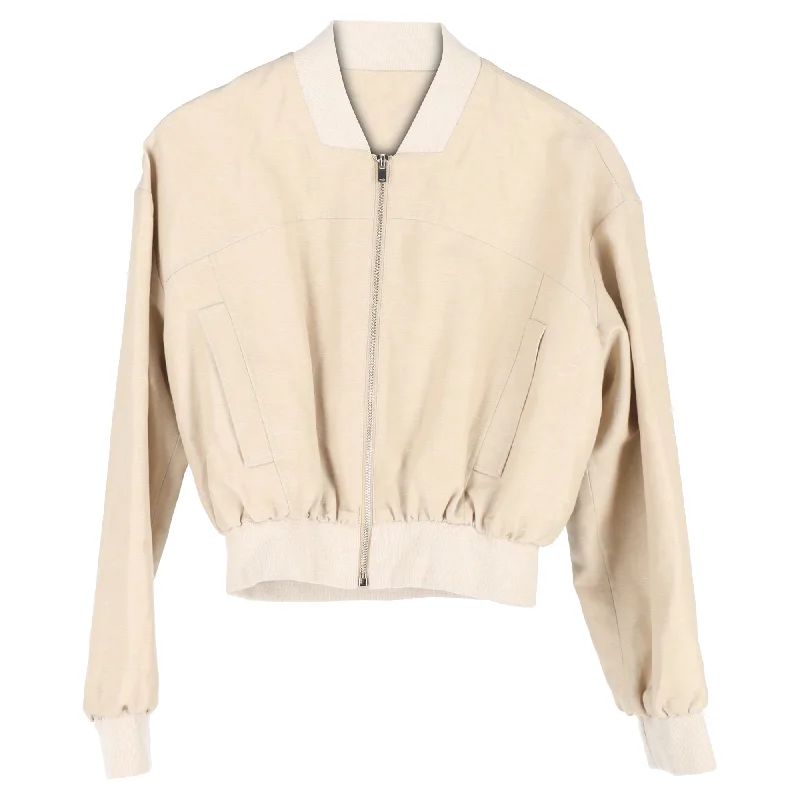 Women's Stylish Outdoor Outfit Maje Ribbed-Neck Cropped Bomber Jacket in Beige Cotton and Linen