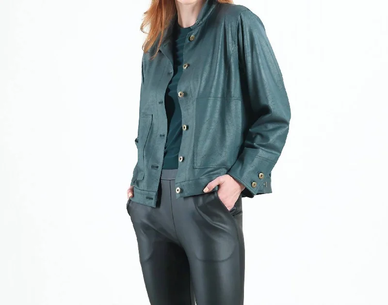 Limited-Time Fashion Sale – Shop Your Favorite Styles Now Liquid Leather Button Front Jacket In Hunter Green