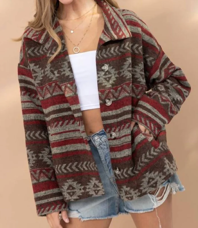 Women's Clothing For Travel Amaryllis Aztec Shirt Jacket In Burgundy