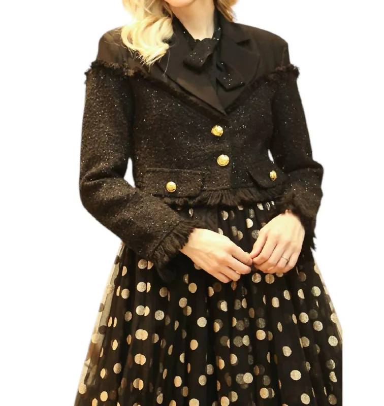 Women's Tailored Outfit Metallic Tweed & Solid Fabric Cropped Jacket In Black