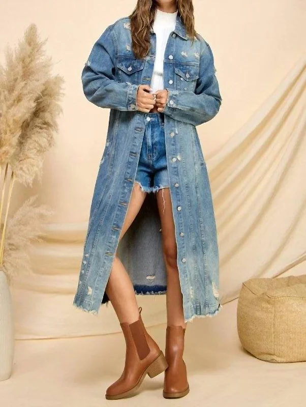 The Ultimate Fashion Sale – Stylish Looks For Less Glam Studded Long Denim Coat In Medium Wash