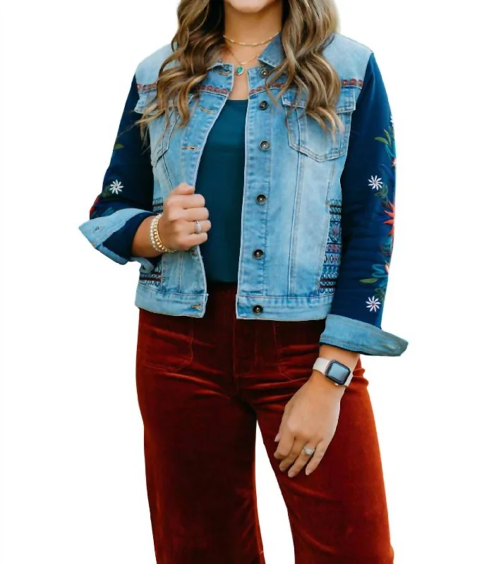 Women's Clothes And Apparel Denim Jean Jacket With Embroidery In Mid Indigo