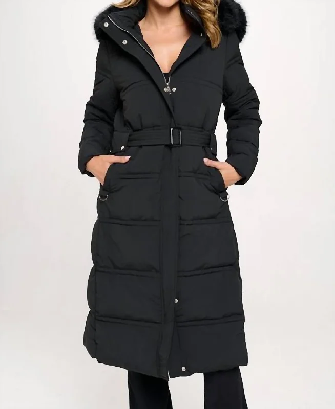 Casual Garments For Women Long Belted Two Toned Puffer Coat In Black