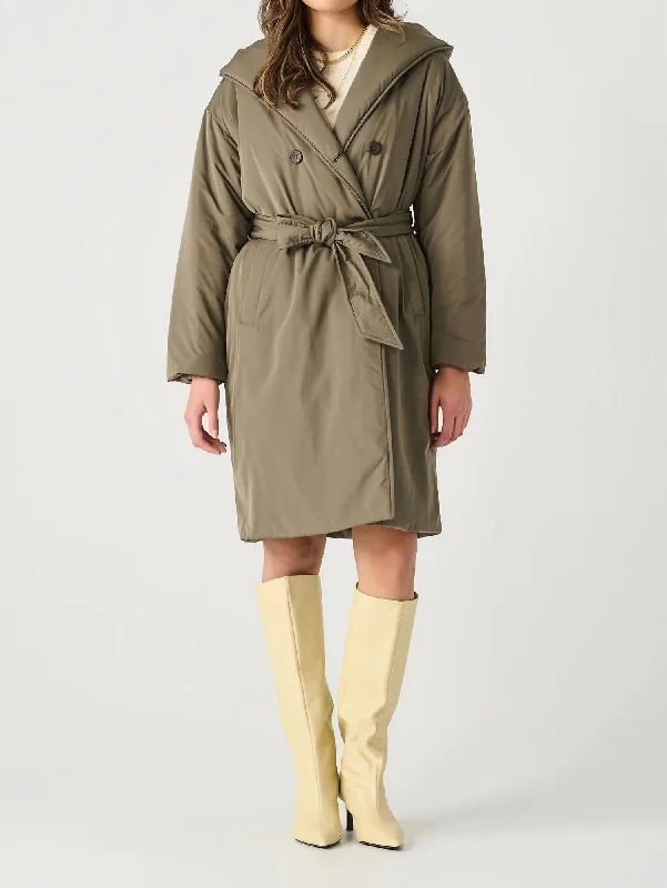 Women's Evening Apparel Puffer Trench Coat In Dark Khaki Green