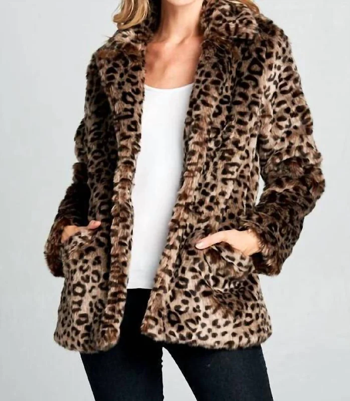 Women's Evening Apparel Leopard Faux Fur Jacket In Brown