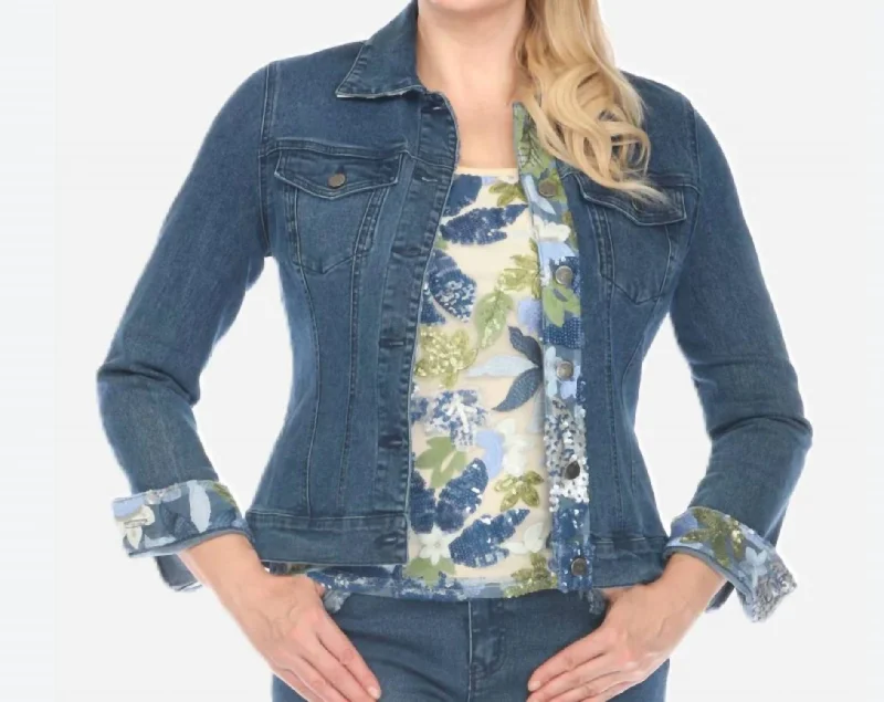 Women's Functional Outfit For Outdoor Activities Aurora Sequin Floral Detail Denim Jacket In Blue