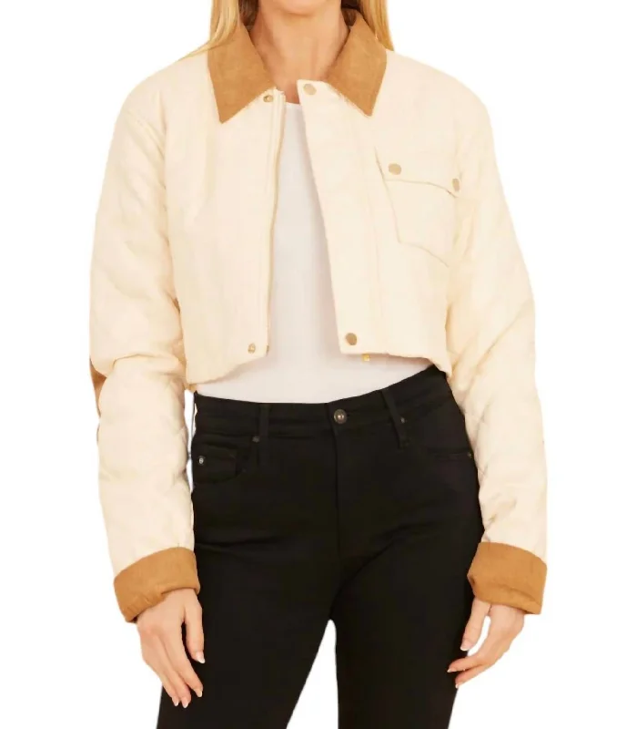 Women's Activewear Outfit Faux Leather Corduroy Jacket In Cream