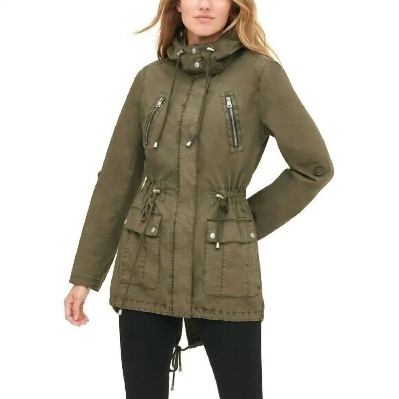 Women's Office Outfit Parachute Fish Tail Mid Length Utility Jacket In Green