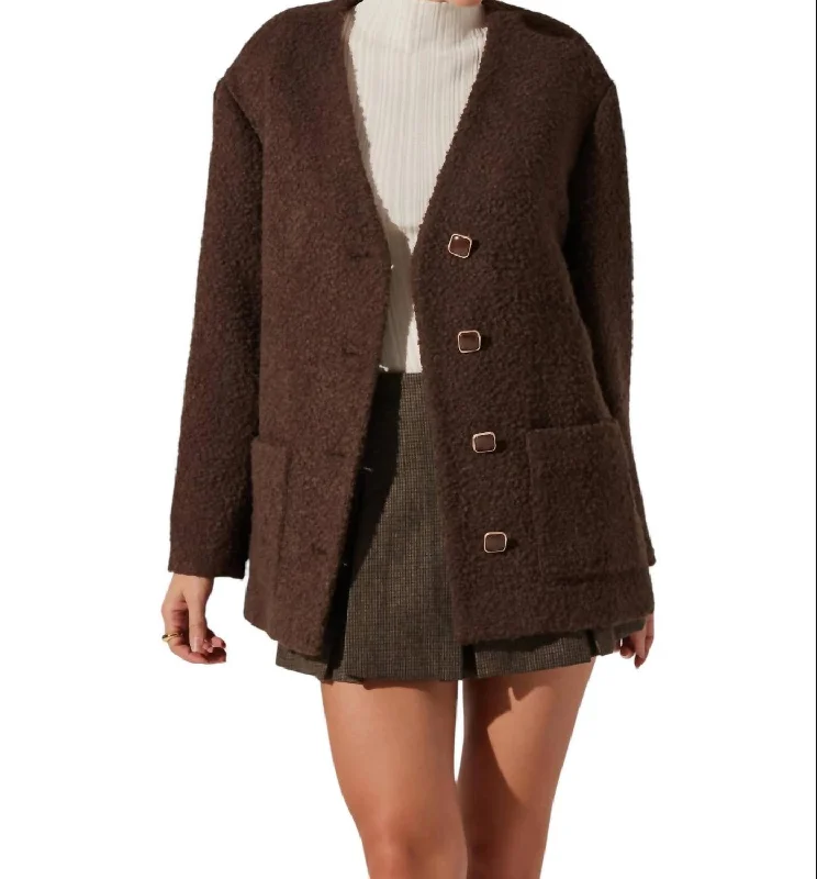 Women's Elegant Clothes Sherpa Collarless Jacket In Brown