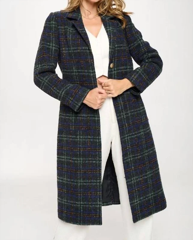 Women's Vintage-Inspired Outfit Plaid Wool Coat In Blue Multi