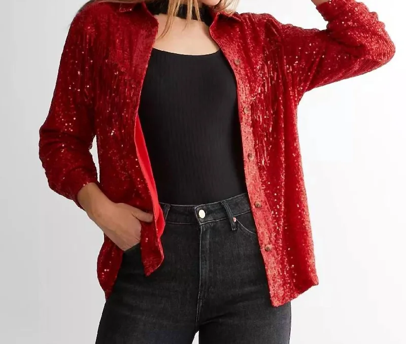 Women's Holiday Outfit Sequin Fringe Jacket In Red