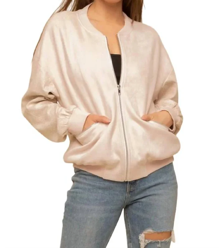 Women's Transitional Clothes Animal Print Sleeve Bomber Jacket In Cream/blush