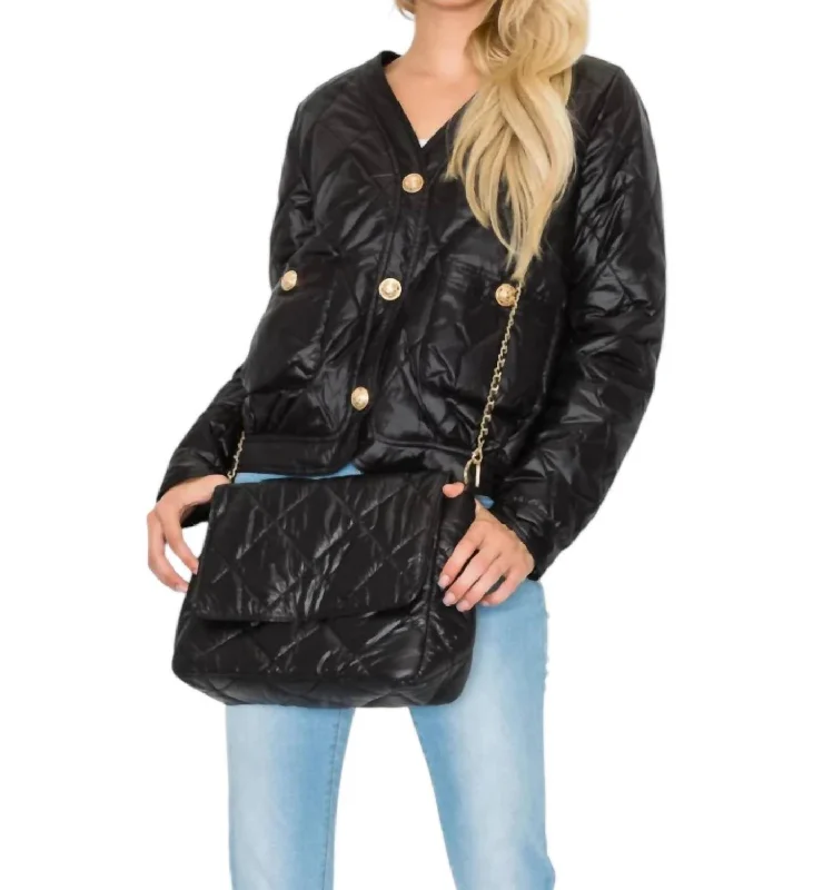 Women's Comfortable Lounge Outfit Johya Puff Jacket Matching Crossbody Bag In Black