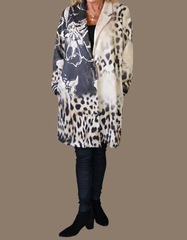 Women's Outfit For The Office Faux Suede Leopard And Flower Print Long Jacket In Tan/black