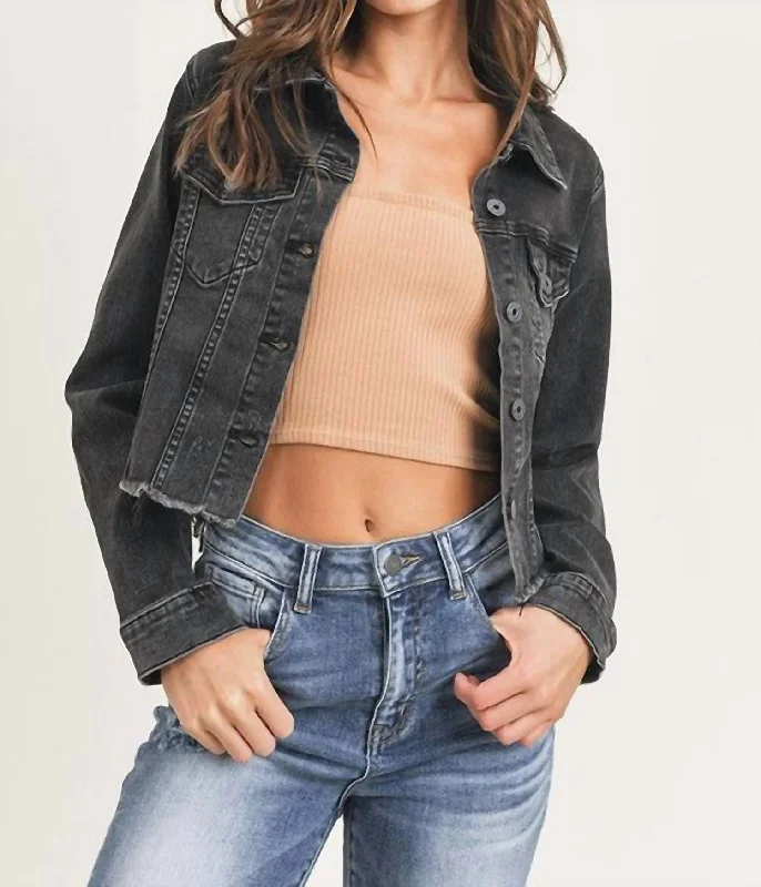 Fashionable Women's Clothes Trucker Vintage Denim Jacket In Washed Black