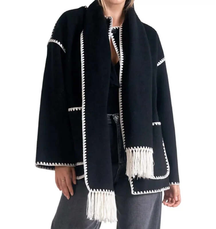 Women's Comfortable Lounge Outfit Top Stitch Jacket W/ Scarf In Black/white