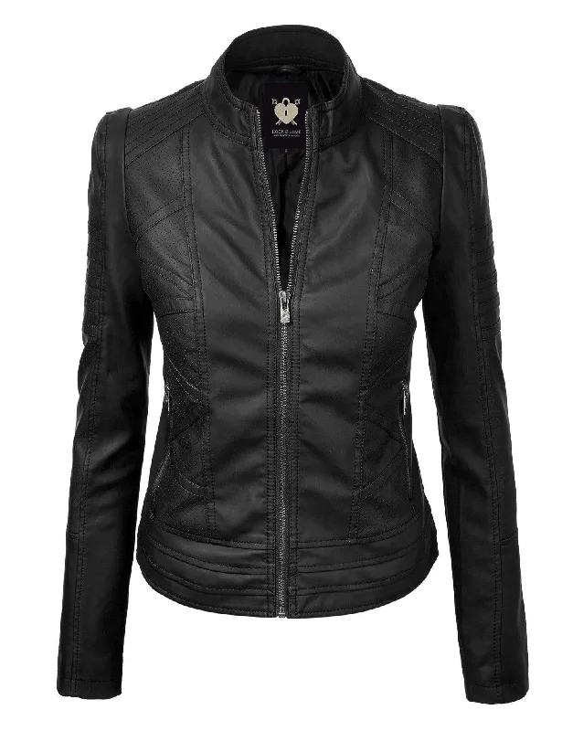 Fashion-Forward Women's Clothing Made By Johnny MBJ Womens Faux Leather Zip Up Moto Biker Jacket with Stitching Detail