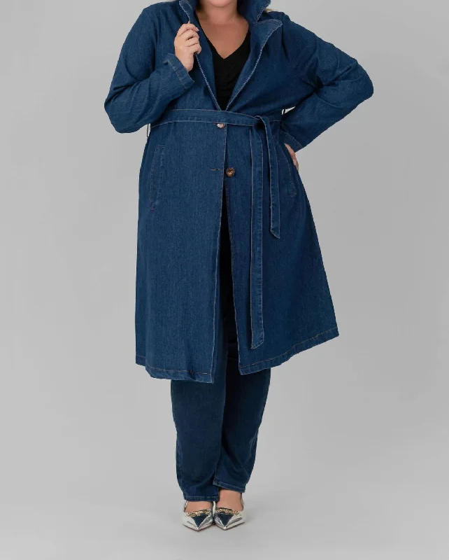 Women's Professional Garments Washed Denim Trench Coat In Dark Blue