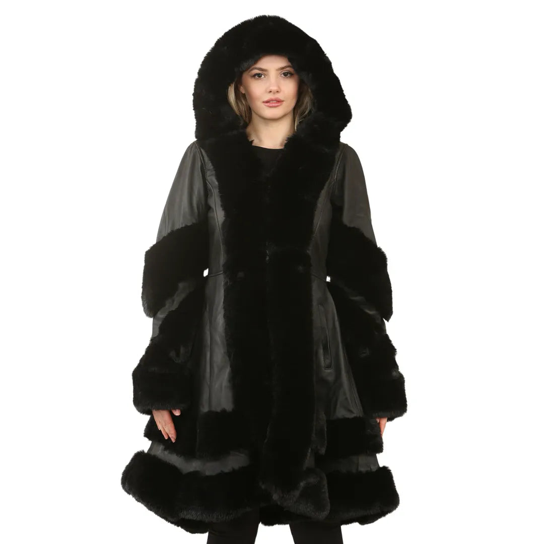 Women's Casual Garments Black Flared Hooded Leather Cape Coat