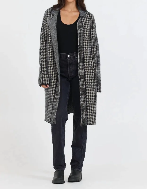 Women's Clothing For Everyday Wear Houndstooth Furry Fleece Knit Coat In Black/white