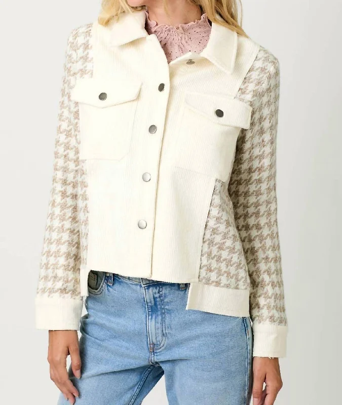 Timeless Women's Clothes Houndstooth Sleeve Corduroy Jacket In Ivory/oat