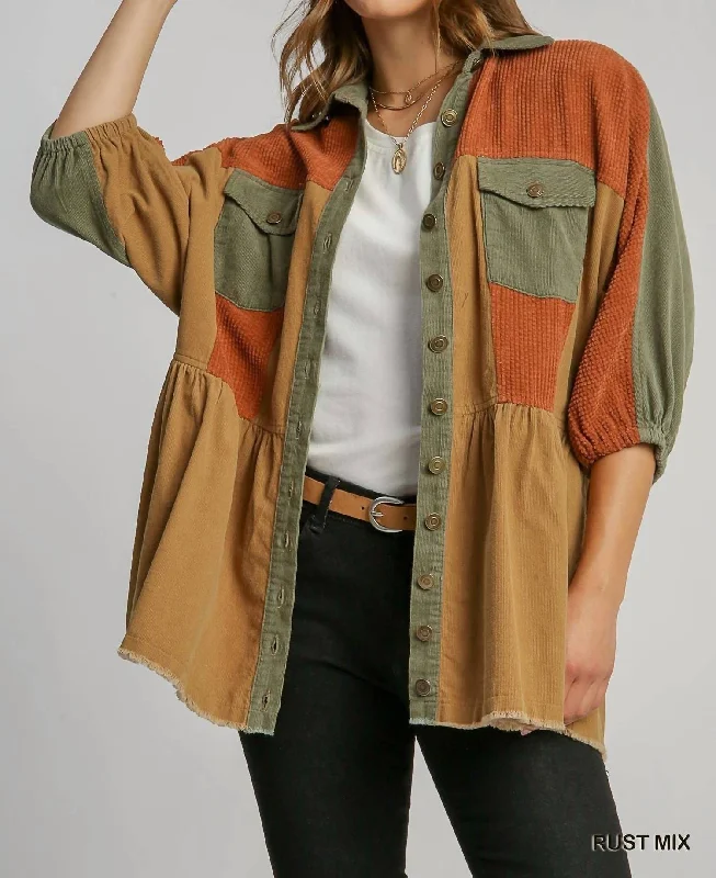 Women's Plus-Size Garments Corduroy Color Block Jacket With Front Pockets In Rust