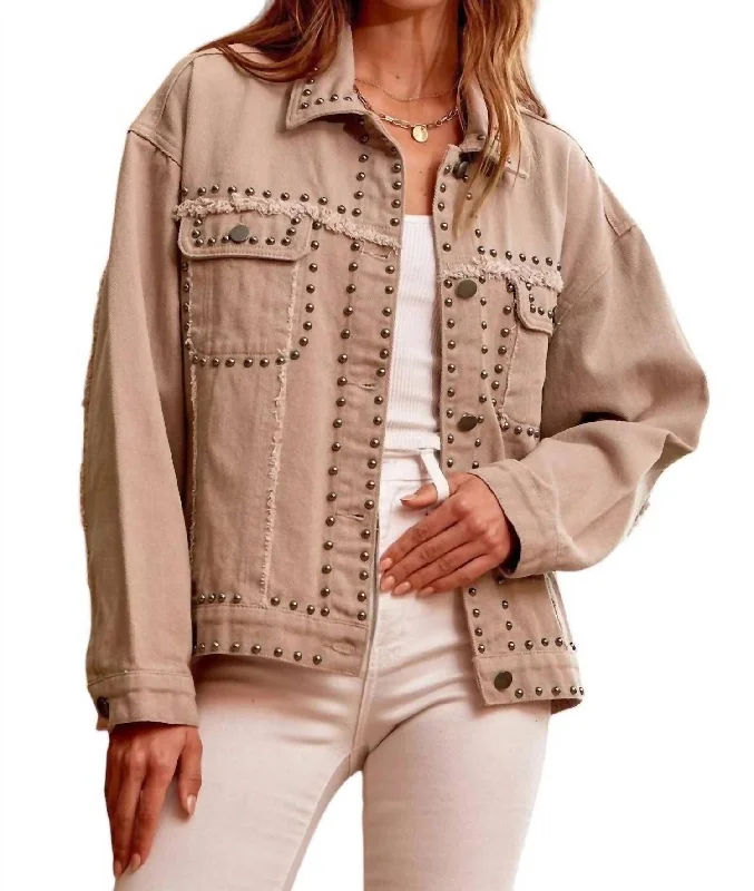 Women's Clothing For Travel Sweet Like Candy Studded Denim Jacket In Mocha