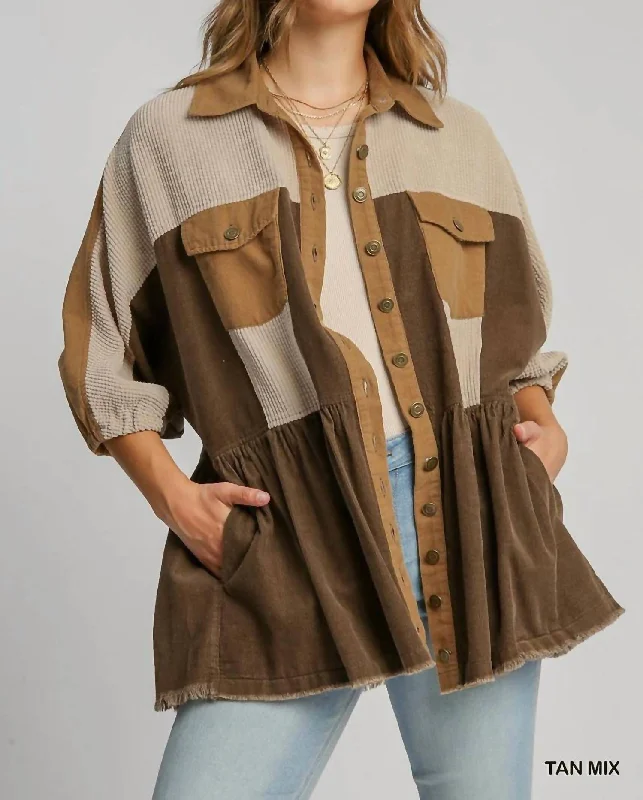 Women's Plus-Size Outfit Corduroy Button Down Jacket In Tan Mix