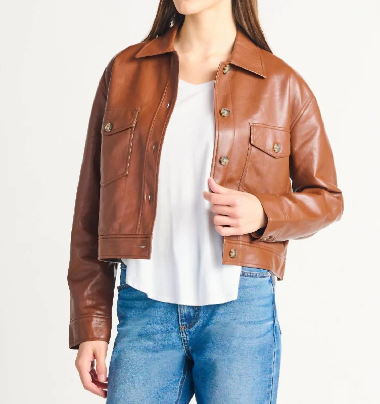 Women's Elegant Clothes Button Front Faux Leather Jacket In Brown