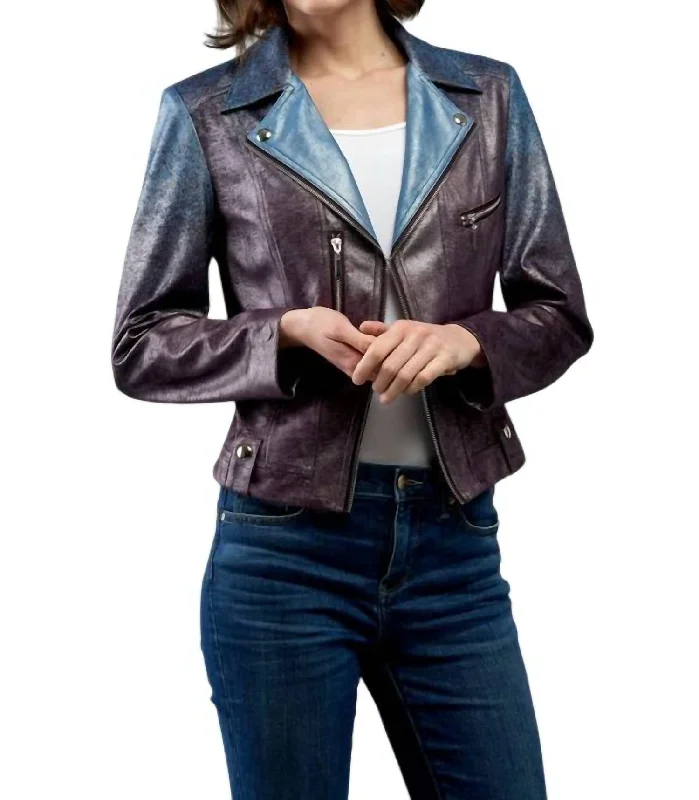 Don't Miss Out – Your Favorite Fashion Pieces On Sale Metallic Faux Vegan Leather Moto Jacket In Liquid Blue Wine Drizzle