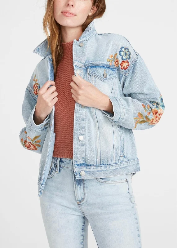 Comfortable Garments For Women Embroidered Denim Jacket In Blue