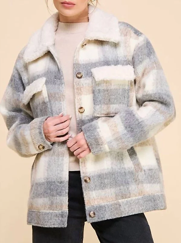 Women's Formal Event Clothing Plaid Teddy Collar Jacket In Ivory/grey